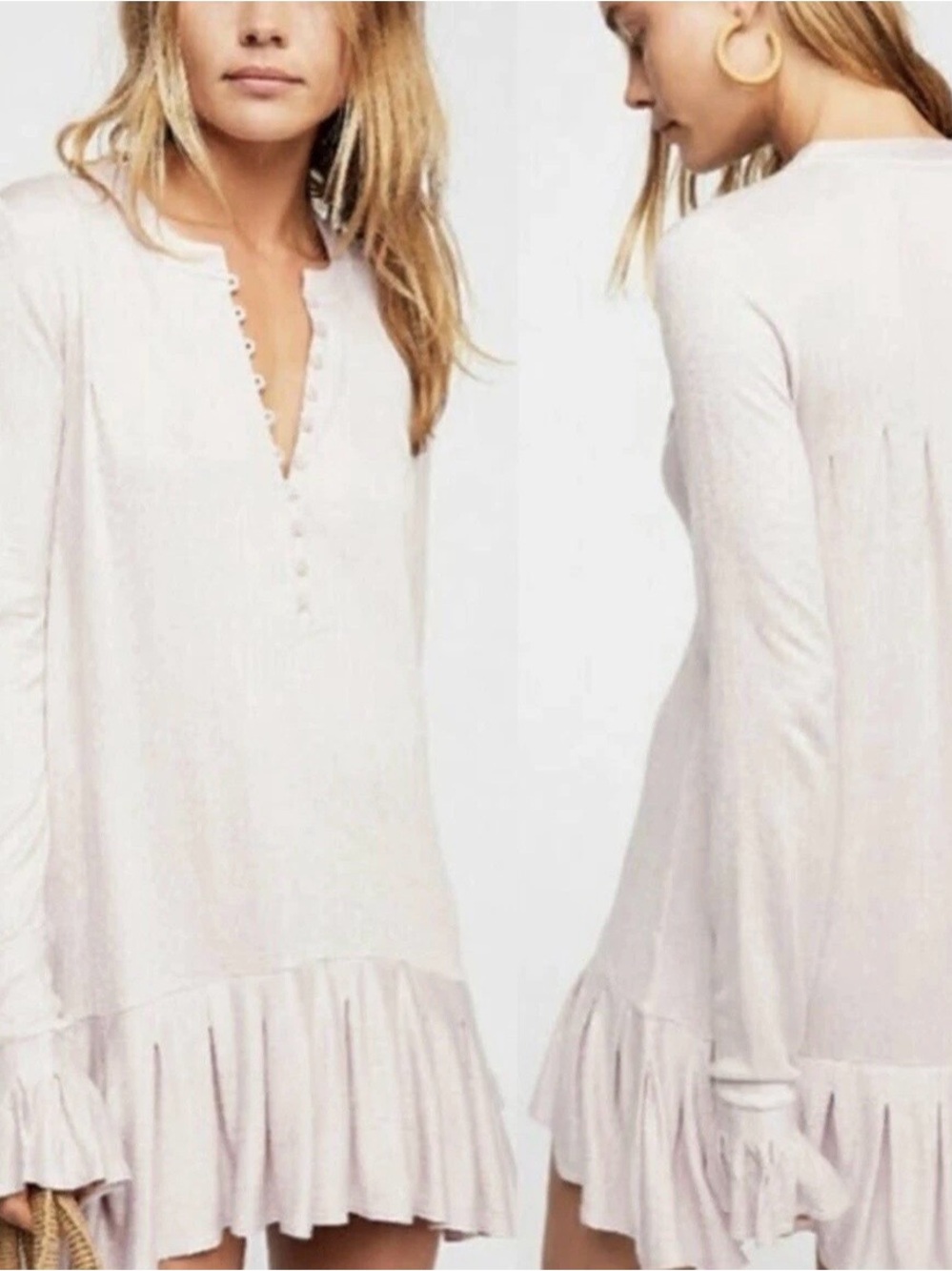 Free People Tunic Top Ruffle Hem Boho Buttoned Pink Lilac Long Sleeve Small